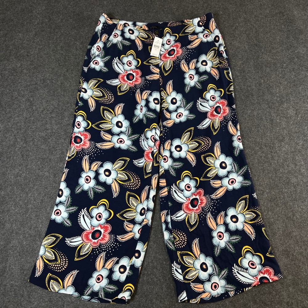 LOFT Floral Wide Leg Crop Pants Navy Blue Pink Yellow Rayon Size 10 NWT